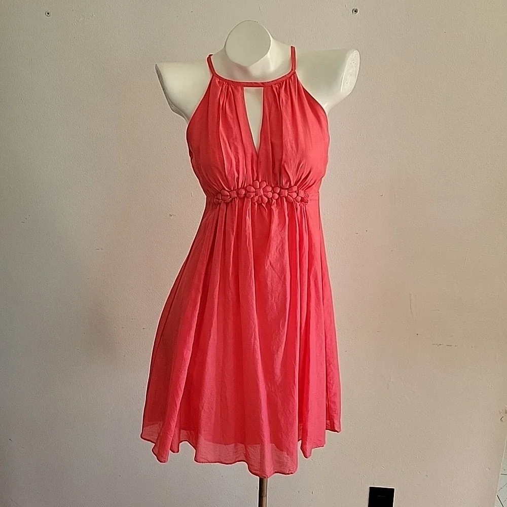Esley Silk Blend Dress Coral High Neck Chic Cocktail Fairy Feminine Mod Romantic